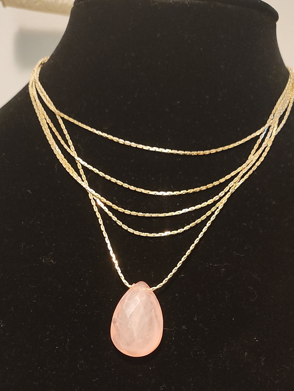 Gold Multi-Layer Necklace with Pink Teardrop Pendant